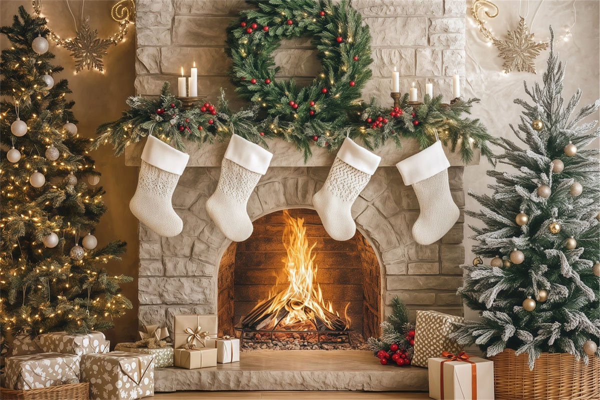 Professional Christmas Backdrops Cozy Hearth Stockings Backdrop BRP57-133
