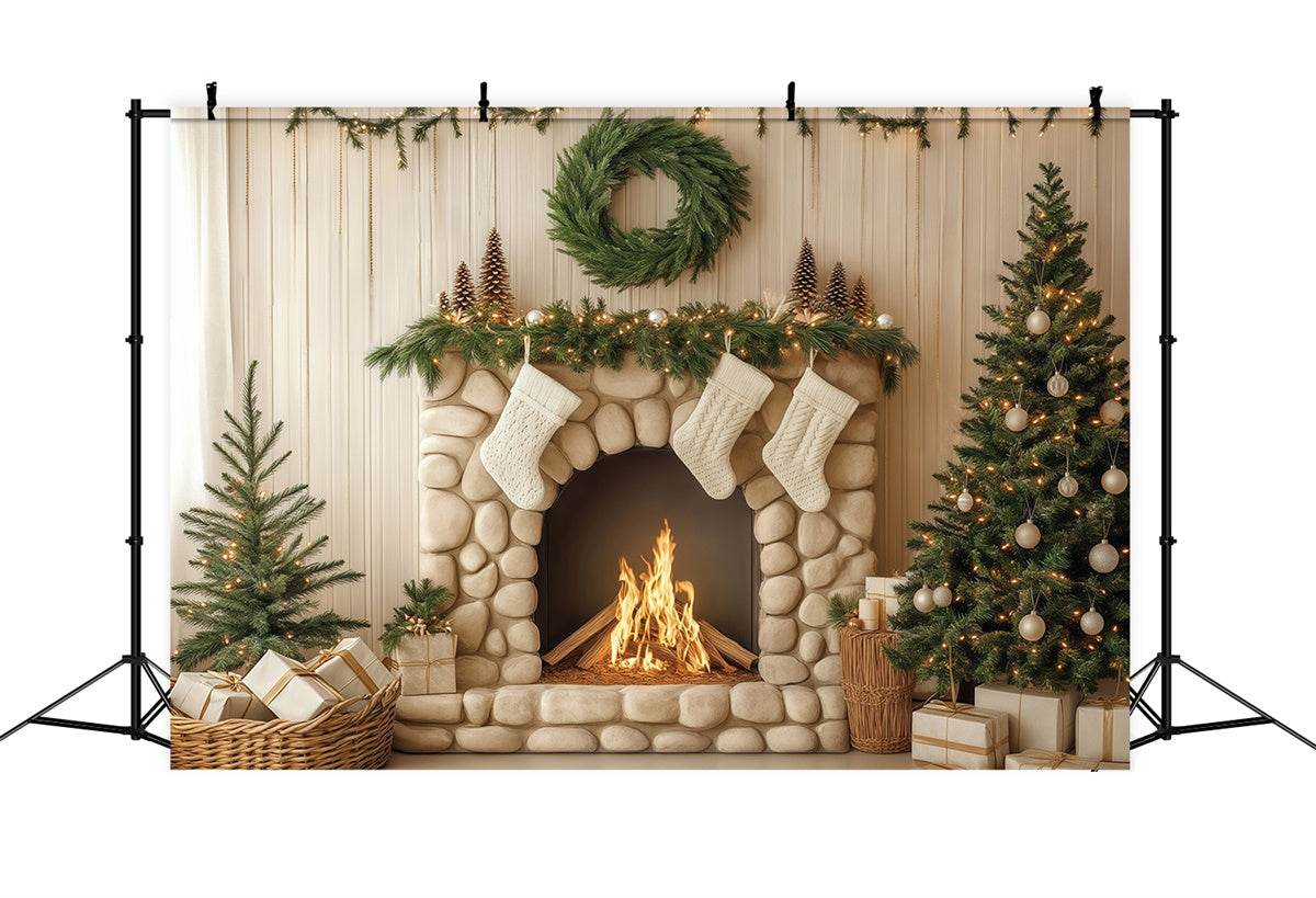 Christmas Fireplace Backdrop Pebble Hearth Pines Backdrop BRP57-134