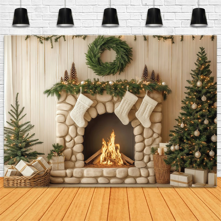 Christmas Fireplace Backdrop Pebble Hearth Pines Backdrop BRP57-134