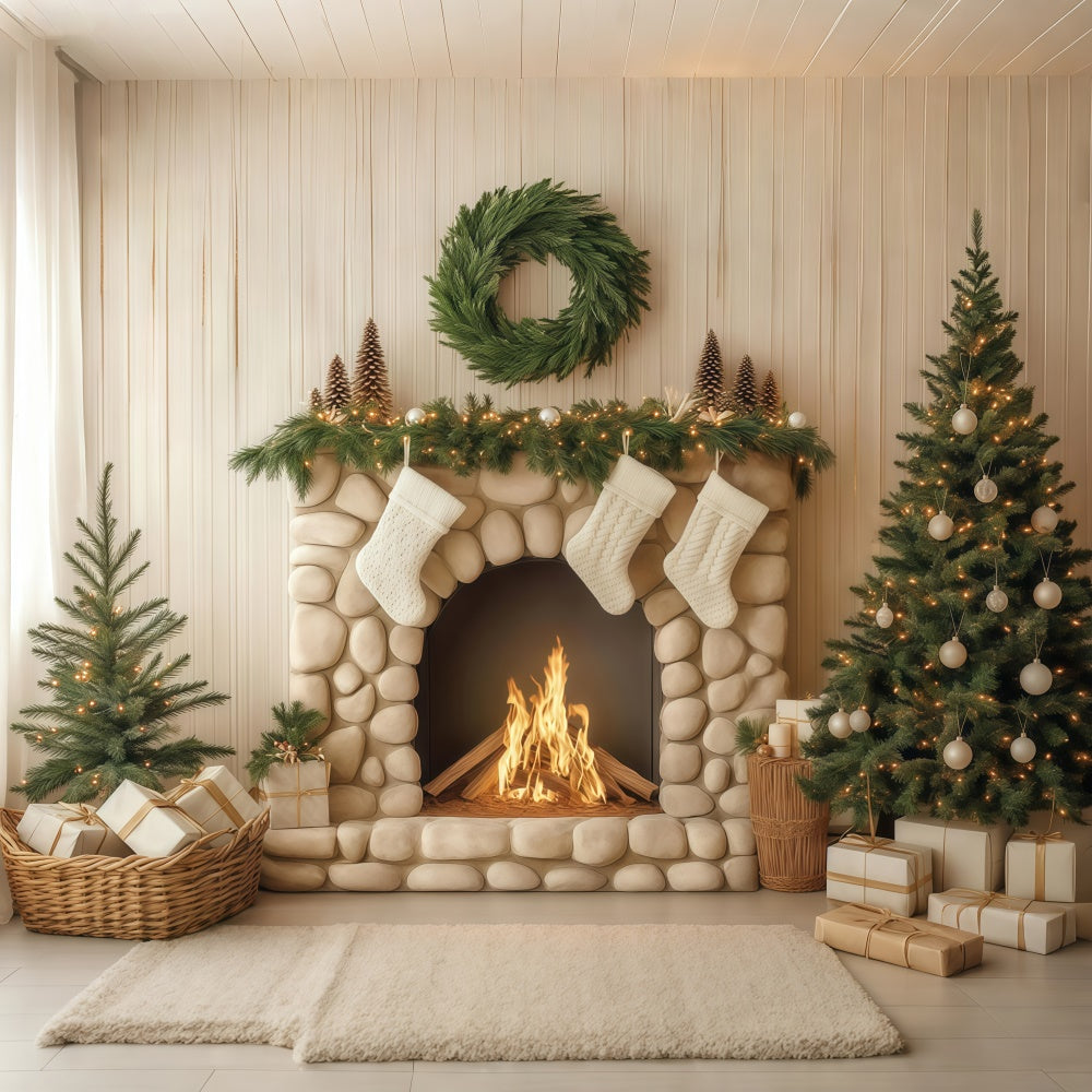 Christmas Fireplace Backdrop Pebble Hearth Pines Backdrop BRP57-134