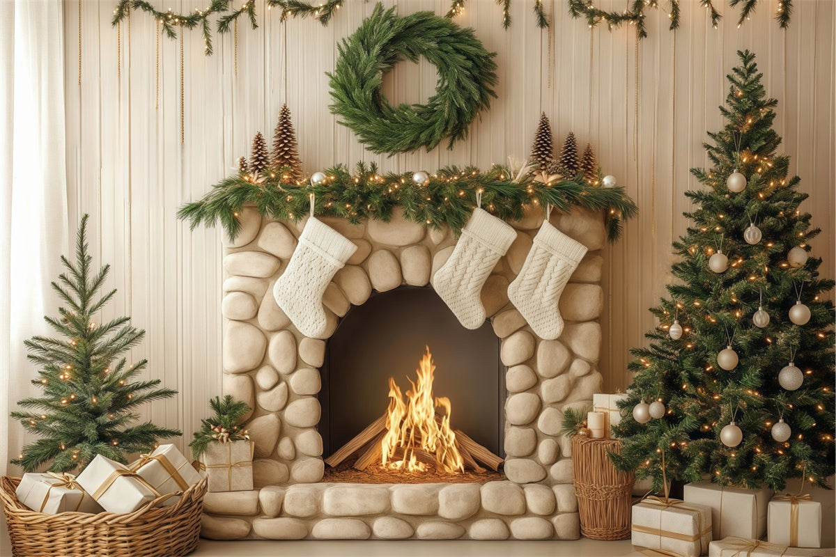 Christmas Fireplace Backdrop Pebble Hearth Pines Backdrop BRP57-134