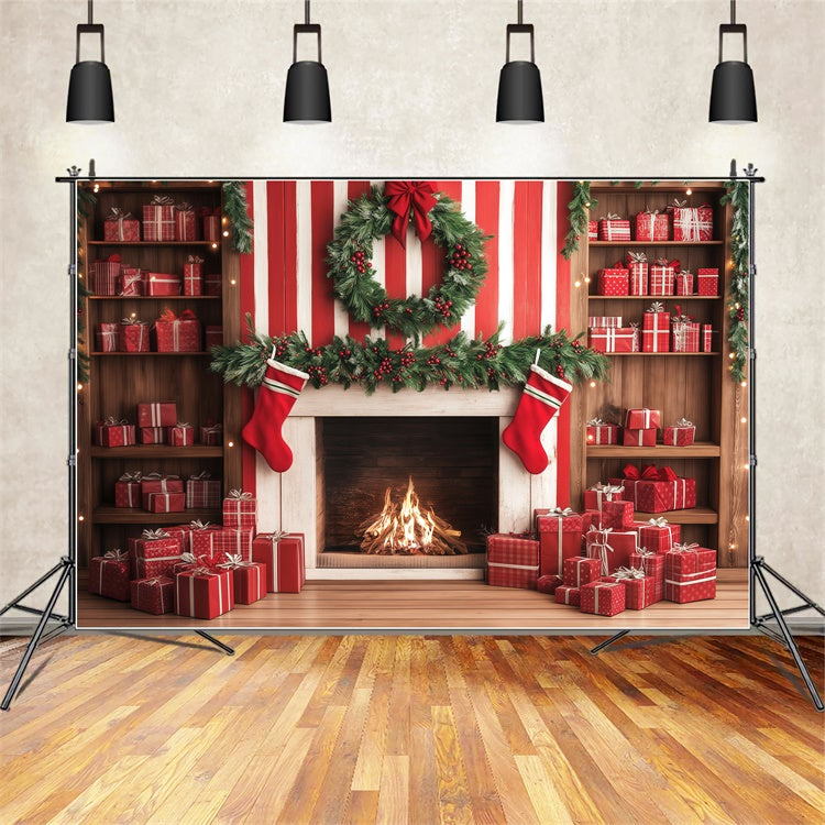 Christmas Fireplace Backdrop Candy Cane Gift Wall Backdrop BRP57-136
