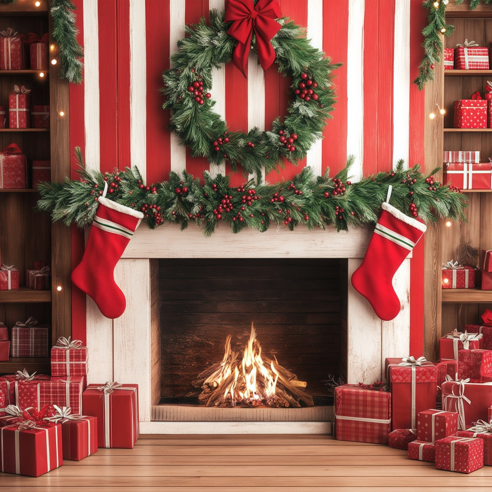 Christmas Fireplace Backdrop Candy Cane Gift Wall Backdrop BRP57-136