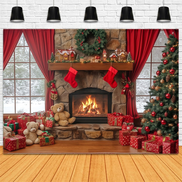 Christmas Fireplace Backdrop Fireside Teddy Dreams Backdrop BRP57-138