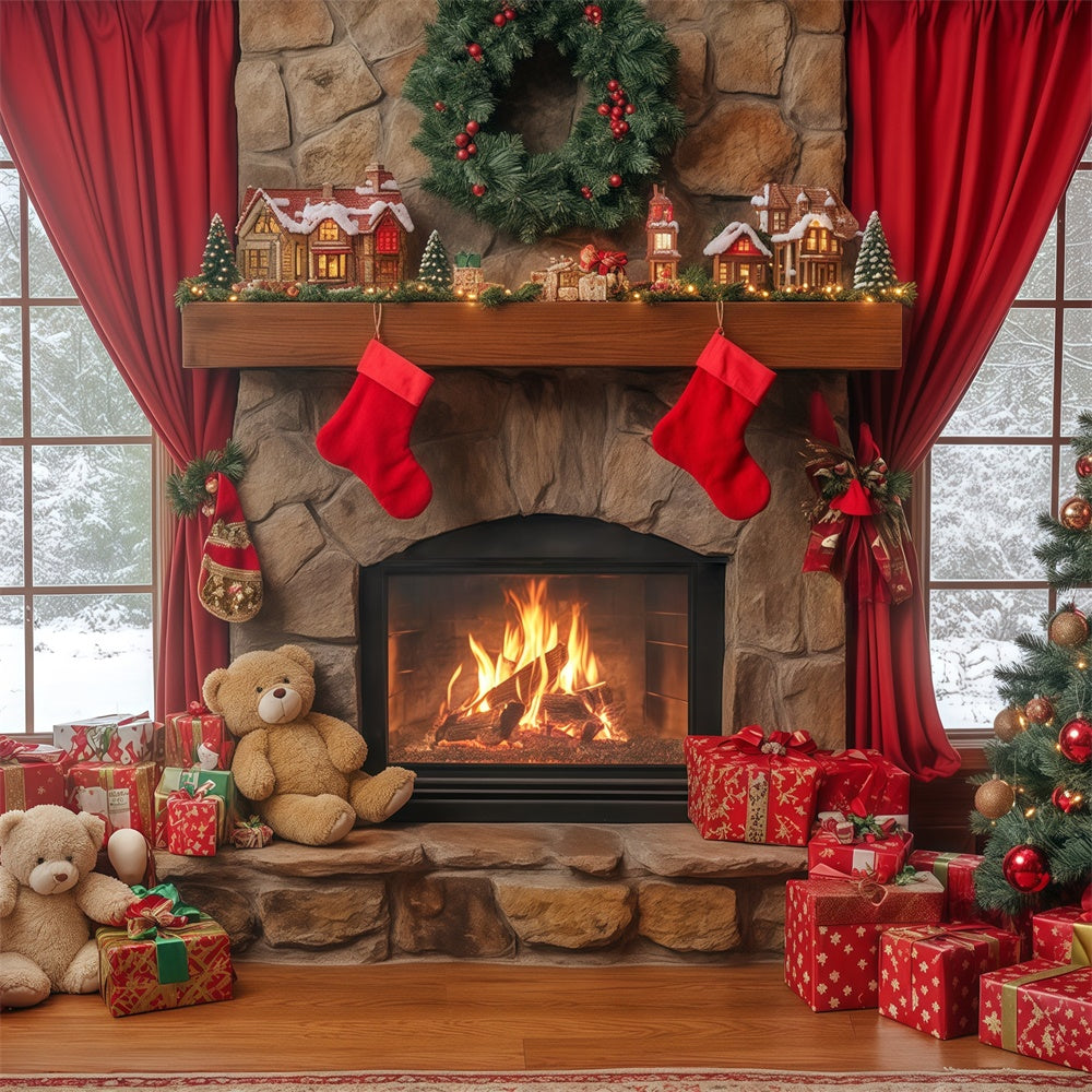 Christmas Fireplace Backdrop Fireside Teddy Dreams Backdrop BRP57-138