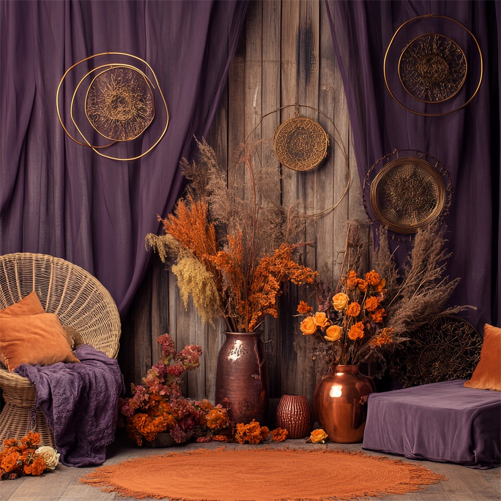Fall Backdrop Dried Floral Purple Curtain Backdrop BRP57-187