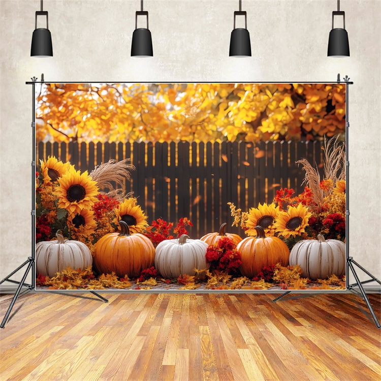 Fall Thanksgiving Backdrop Sunflower Fence Pumpkin Backdrop BRP57-327