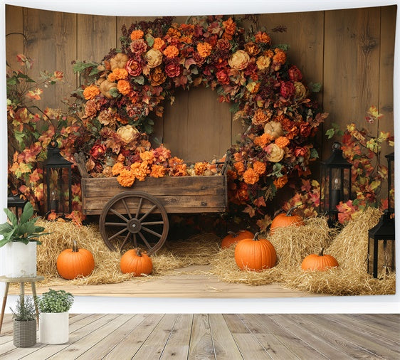 Thanksgiving Photo Backdrop Pumpkin Hay Wreath Backdrop BRP57-342