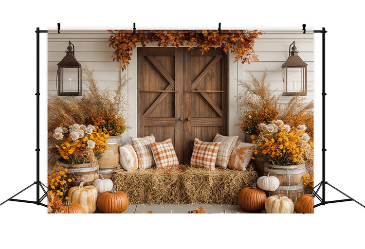 Thanksgiving Day Backdrop Cozy Porch Plaid Pillow Backdrop BRP57-346
