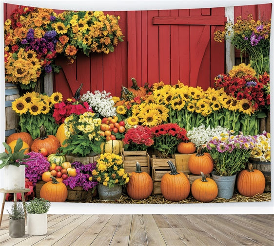 Fall Thanksgiving Backdrop Floral Pumpkin Barn Backdrop BRP57-350