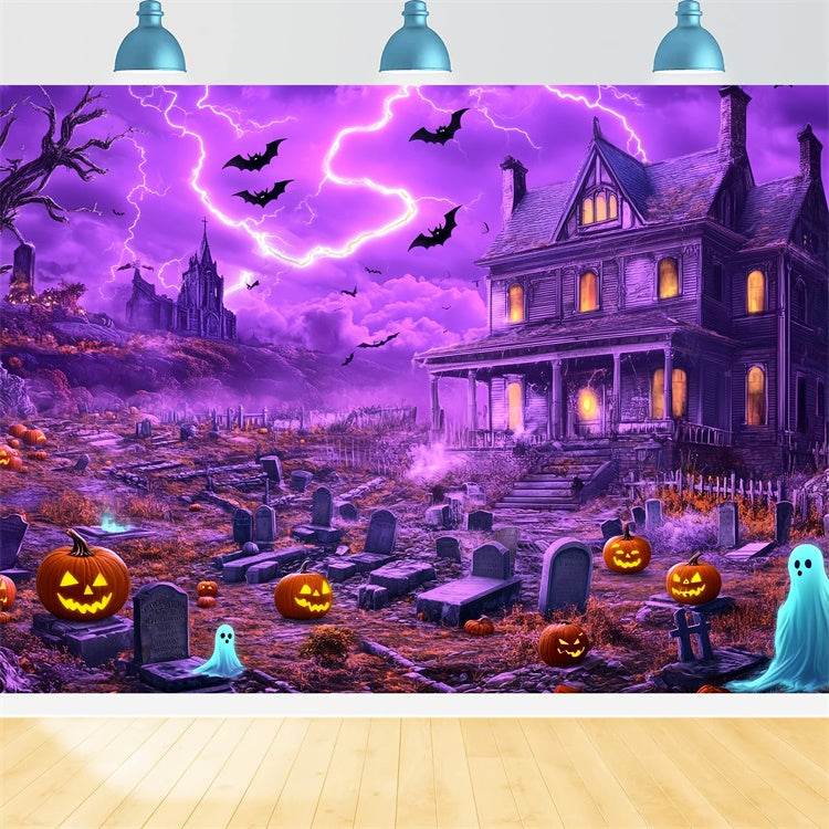 Halloween Graveyard Backdrop Lightning Haunted House Backdrop BRP57-97