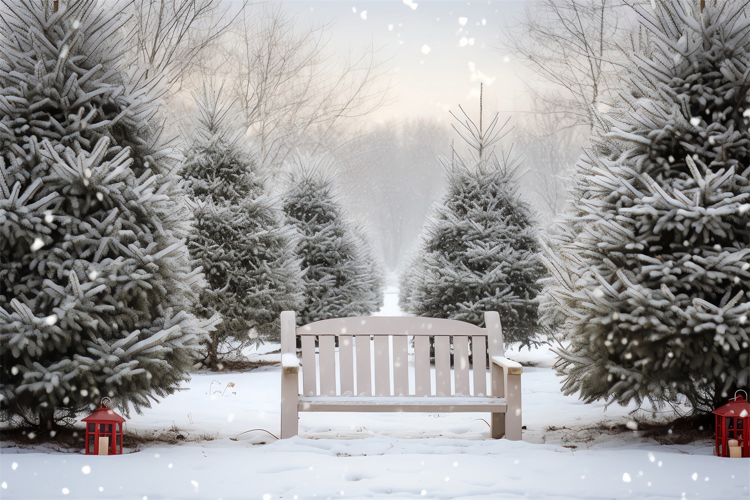 Snowy Christmas Tree Grove Bench Backdrop BRP8-141