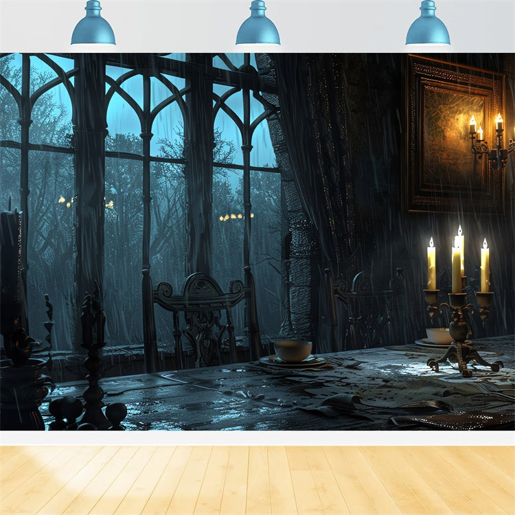 Chilling Candlelit Dinner Table Halloween Window Backdrop BRP8-188
