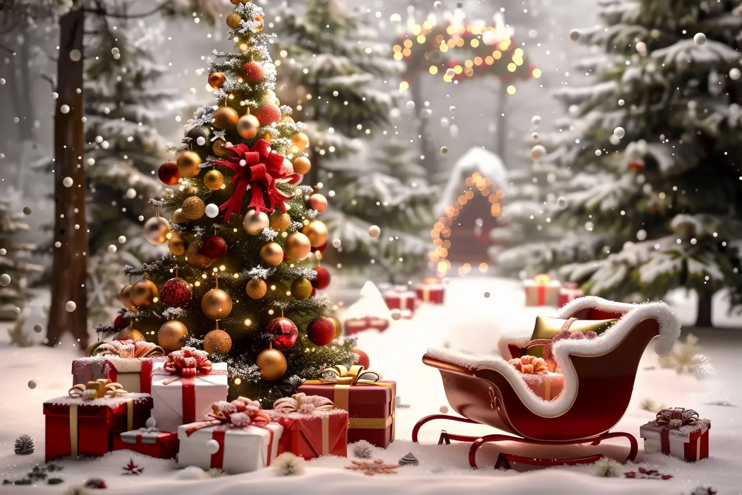 Christmas Tree by the Sleigh and Gifts Backdrop BRP8-48
