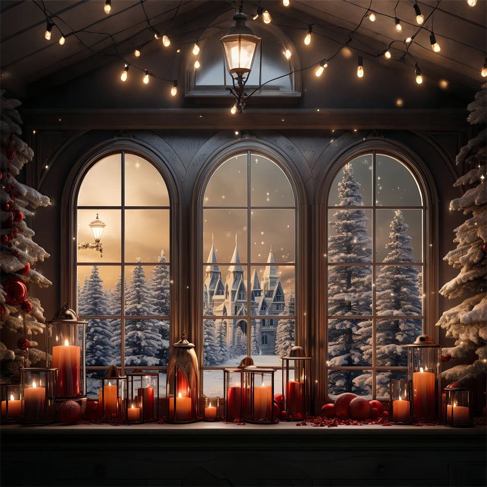 Christmas Snowy Castle Candlelit Window Backdrop BRP8-79
