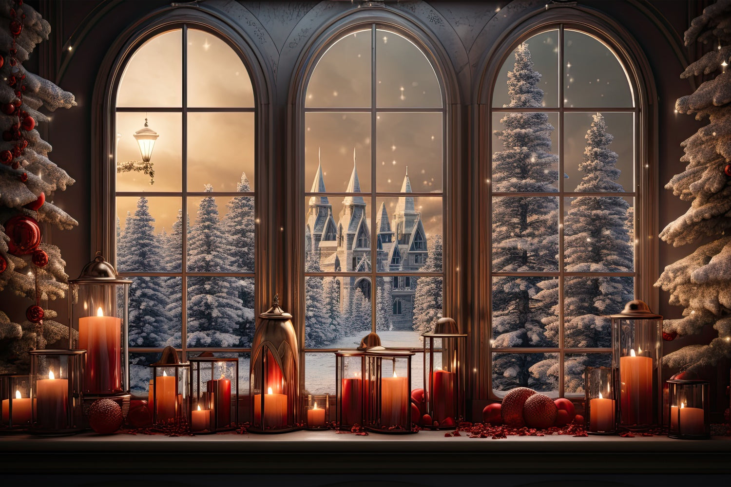 Christmas Snowy Castle Candlelit Window Backdrop BRP8-79