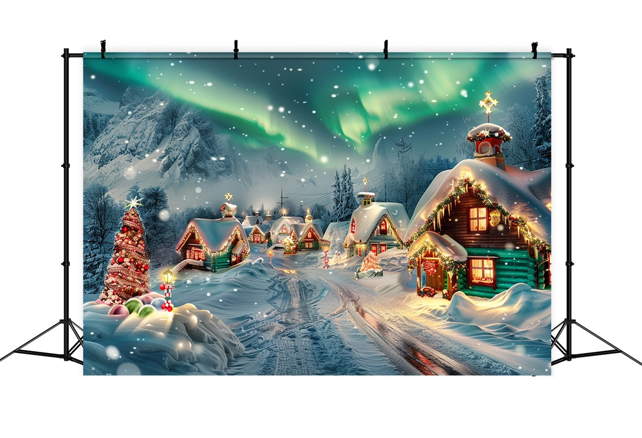 Snow Covered Christmas Cabins Aurora Backdrop BRP9-100