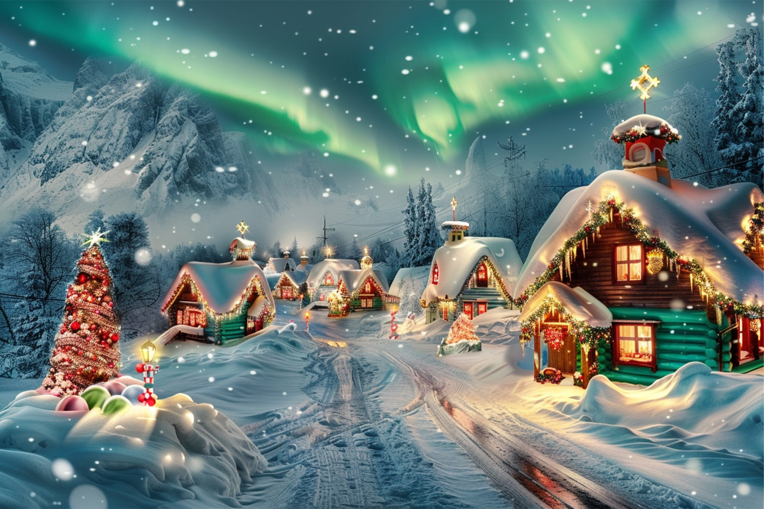 Snow Covered Christmas Cabins Aurora Backdrop BRP9-100