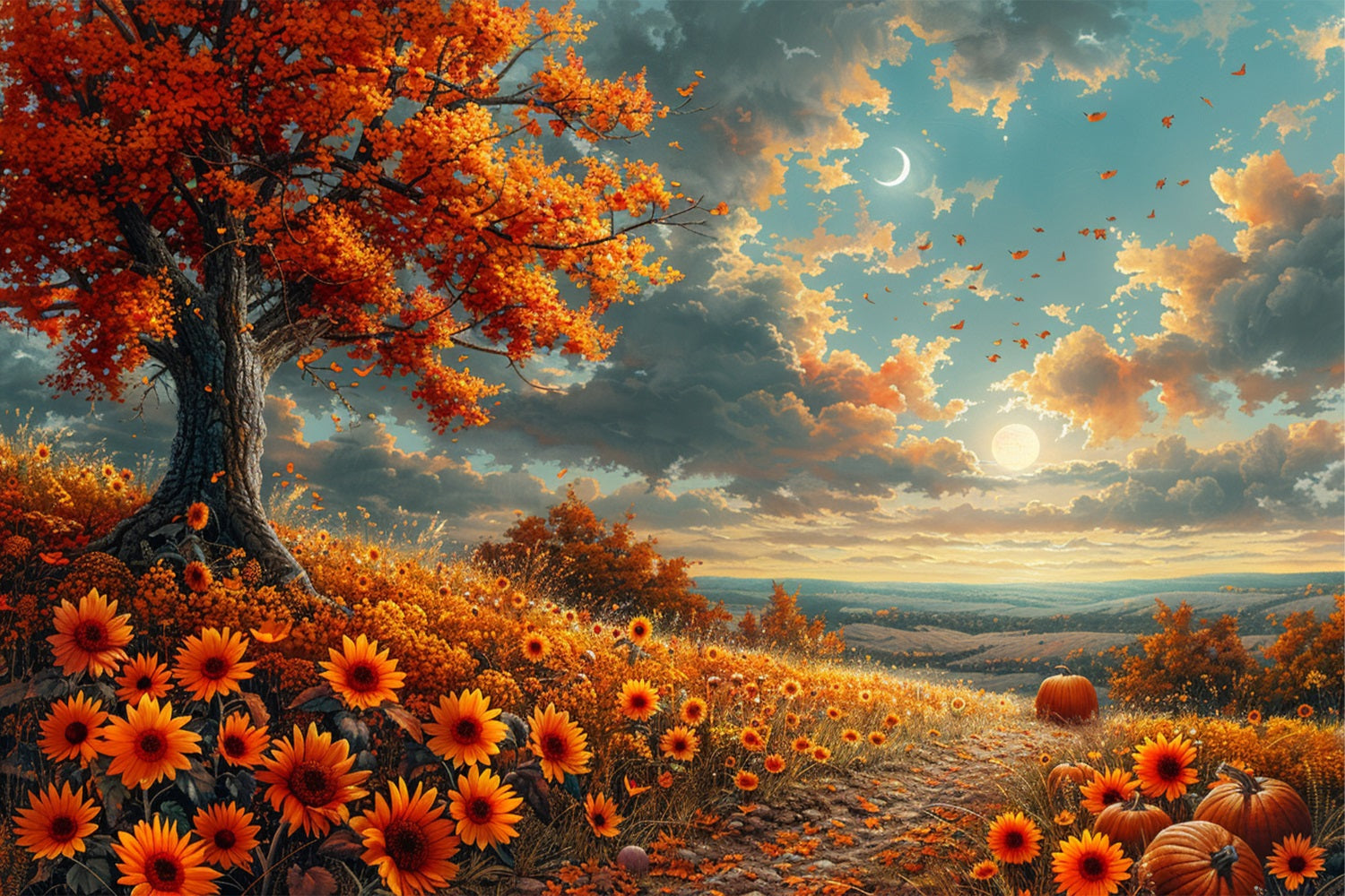 Sunlit Hillside Fall Flowers Crescent Moon Backdrop BRP9-134
