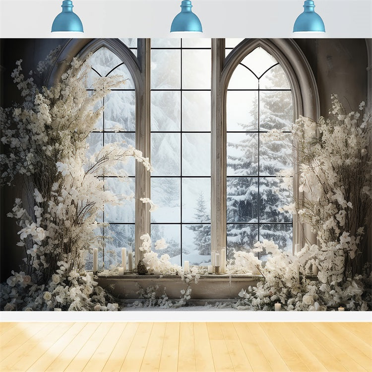 Winter Window Snow Covered Pine Trees Backdrop BRP9-234
