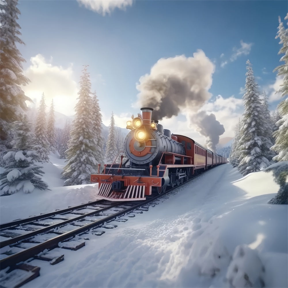 Winter Bright Snowy Morning Train Ride Backdrop BRP9-253