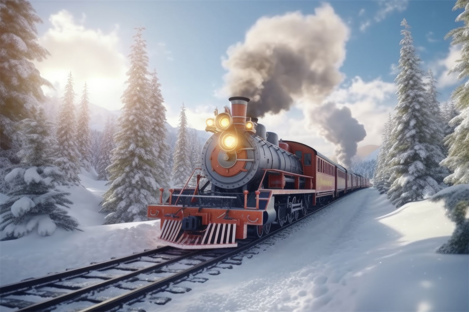 Winter Bright Snowy Morning Train Ride Backdrop BRP9-253