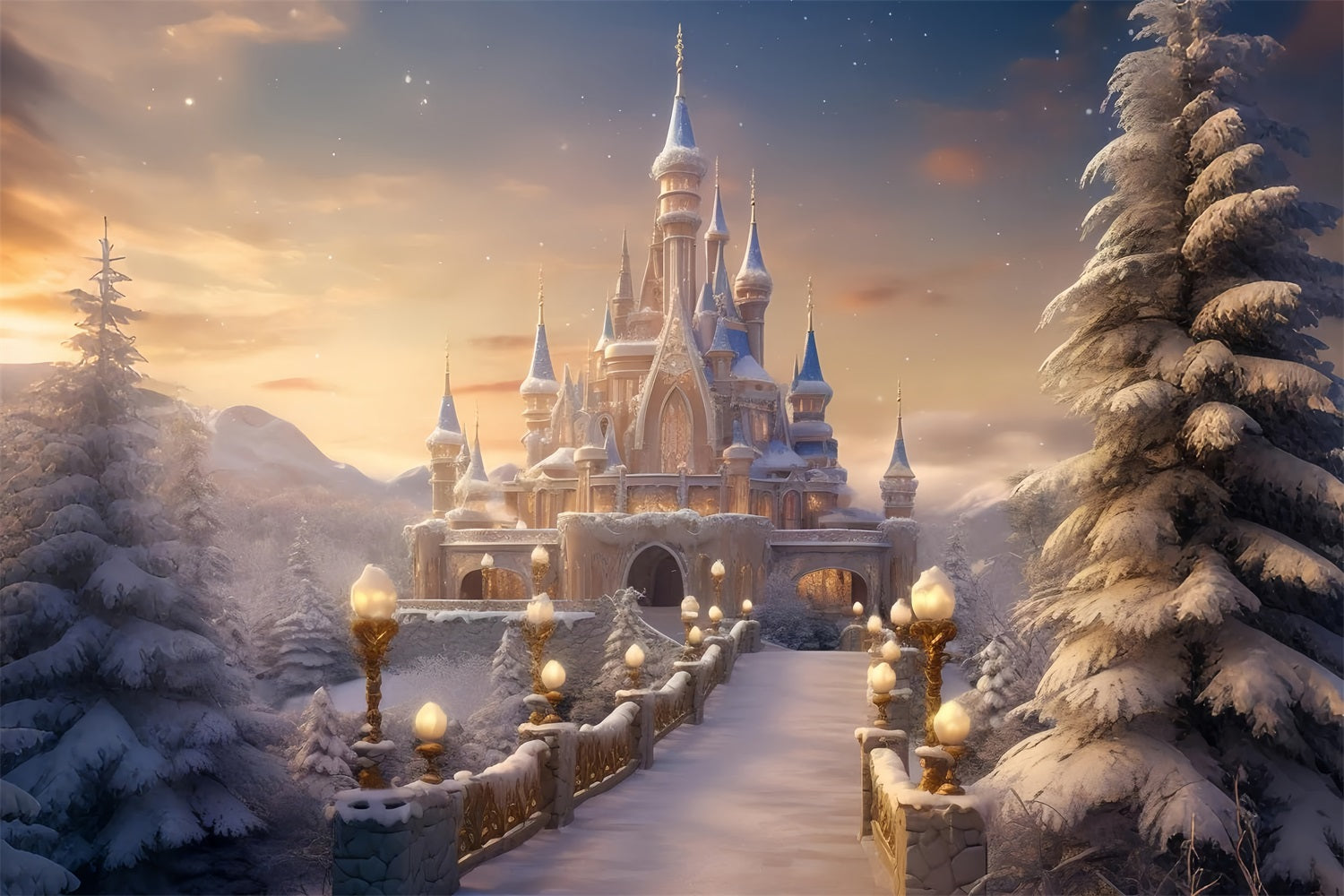 Fairytale Castle Winter Wonderland Sunset Backdrop BRP9-265