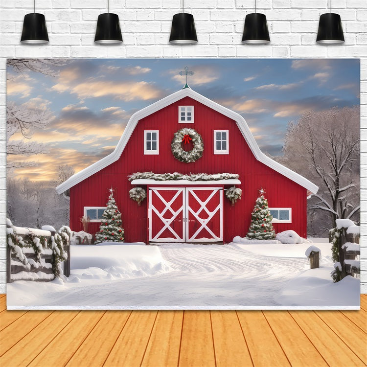 Winter Forest Red Barn Snow Covered Trees Backdrop BRP9-289