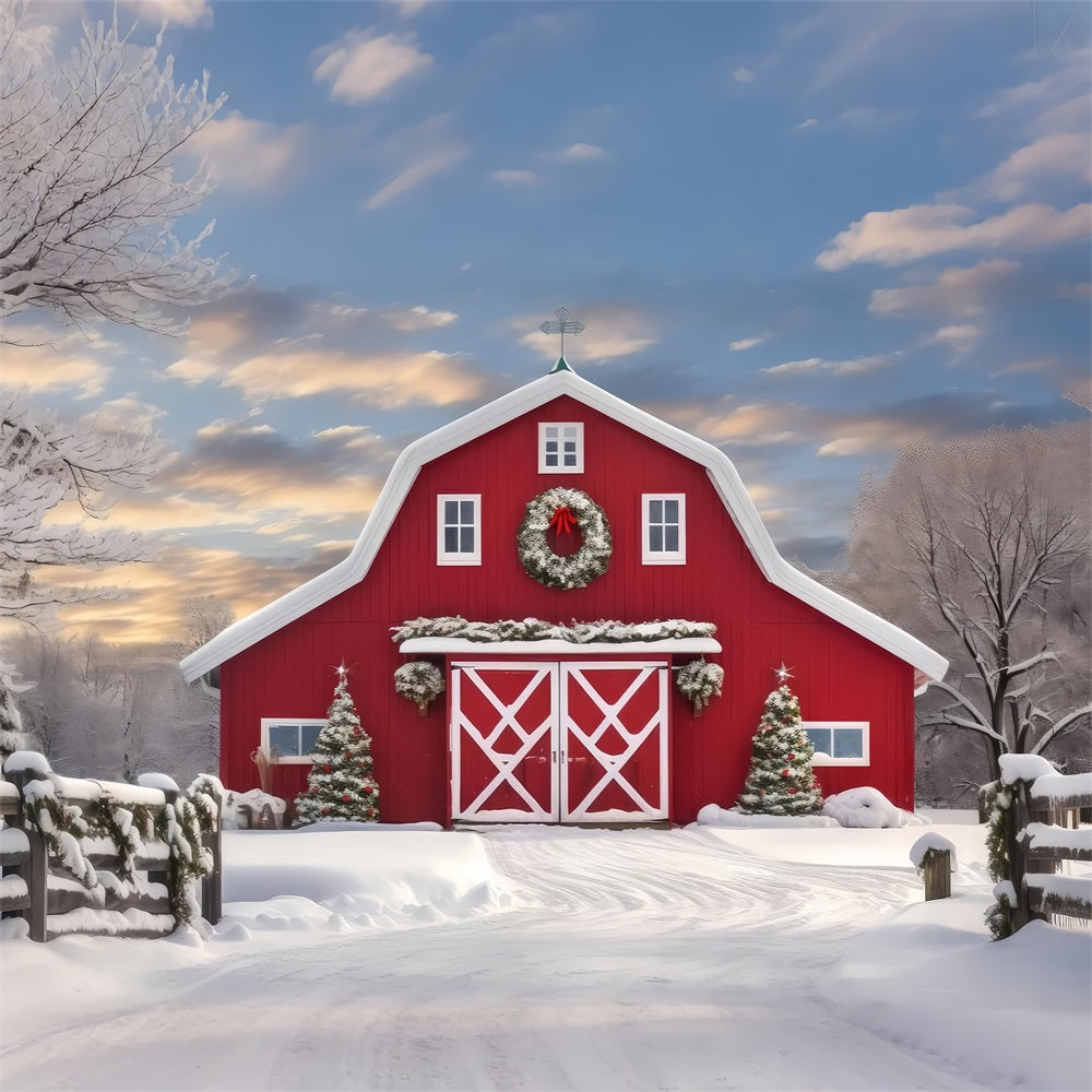 Winter Forest Red Barn Snow Covered Trees Backdrop BRP9-289