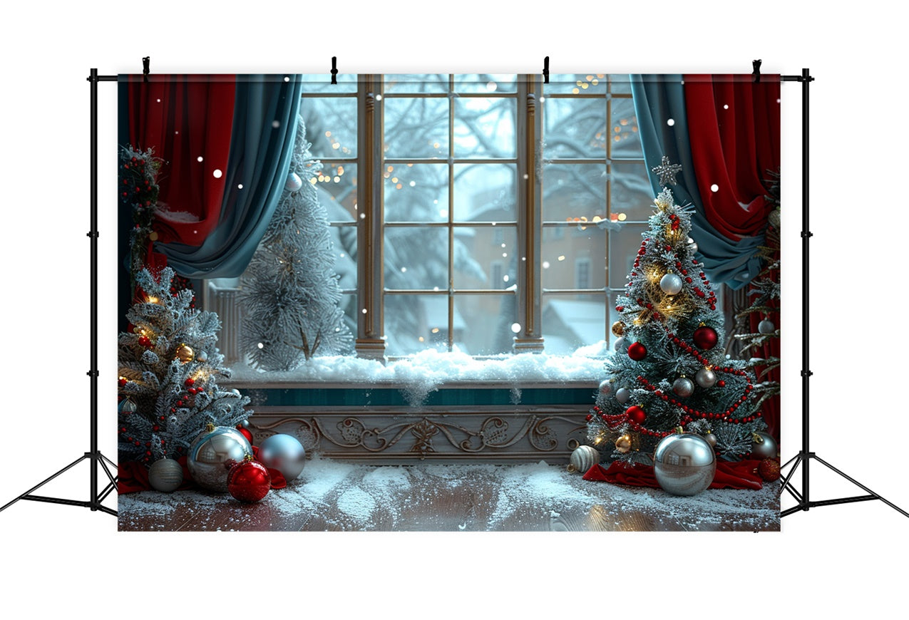 Snowy Window Decorated Christmas Trees Backdrop BRP9-92