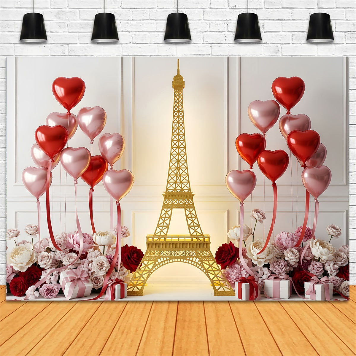 Valentine's Backdrop Golden Paris Heart Balloons Valentine's Day Backdrop By Magali