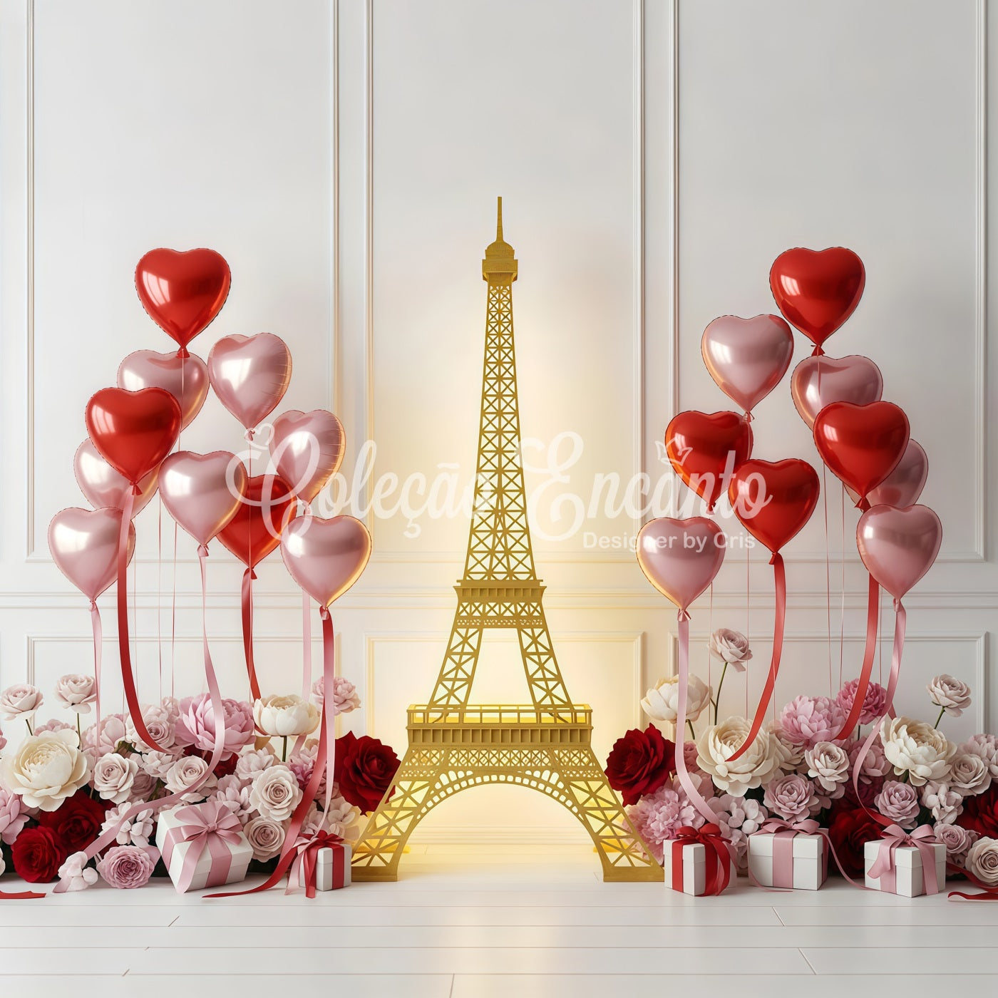 Valentine's Backdrop Golden Paris Heart Balloons Valentine's Day Backdrop By Magali