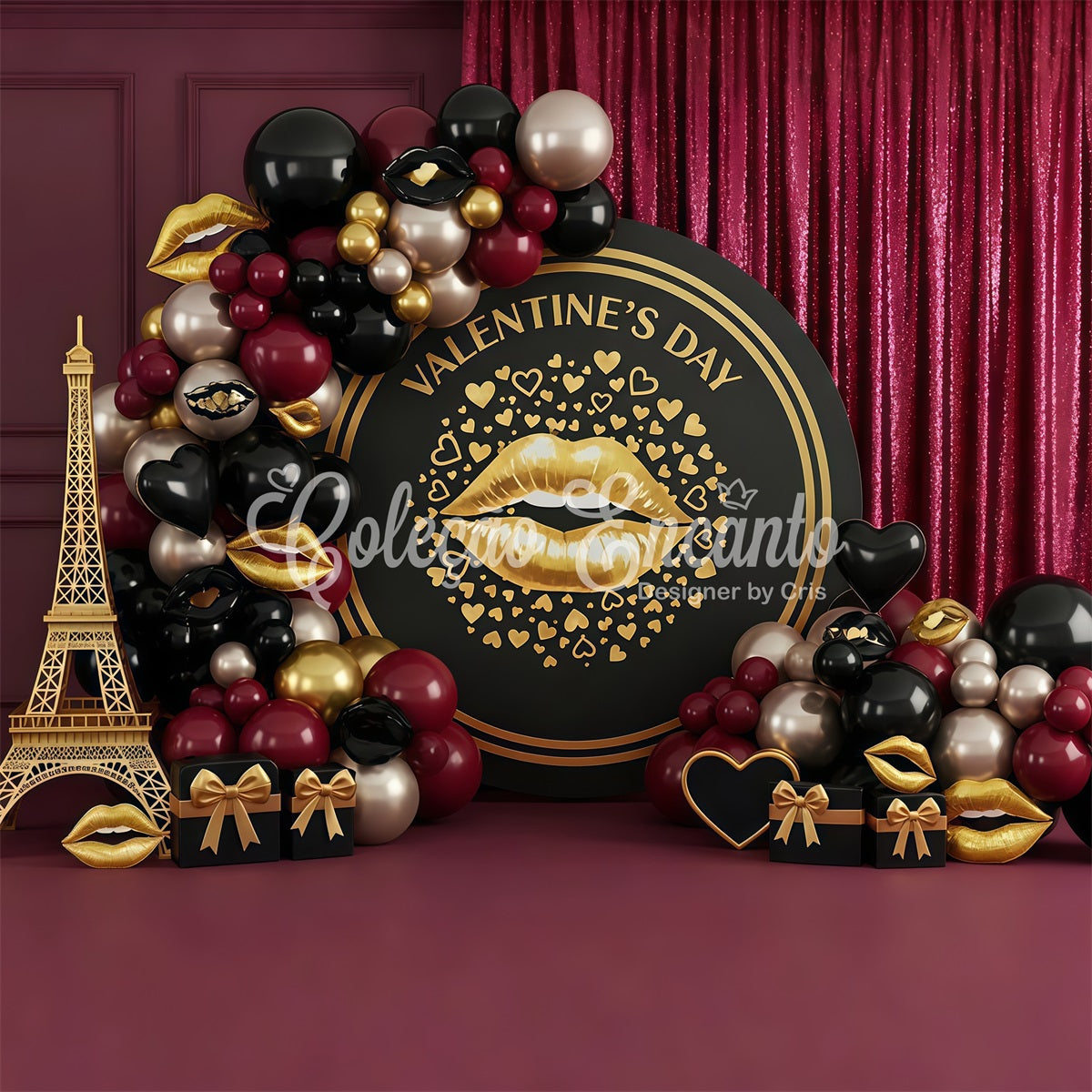 Valentine's Day Backdrop Black Gold Glam Kiss Decor Valentine's Day Backdrop Ideas By Magali