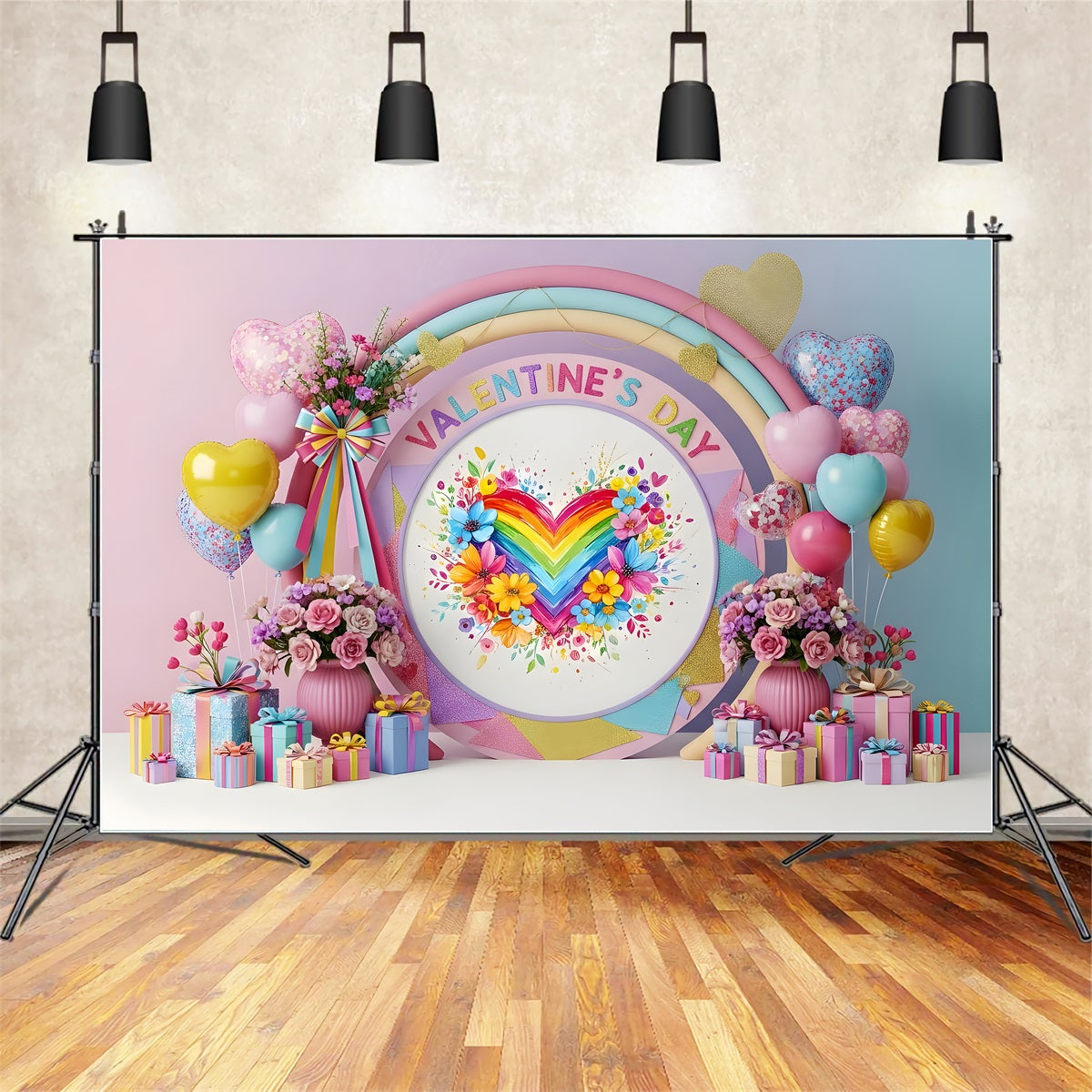 Valentines Backdrop Rainbow Floral Heart Valentine's Day Backdrops For Pictures By Magali