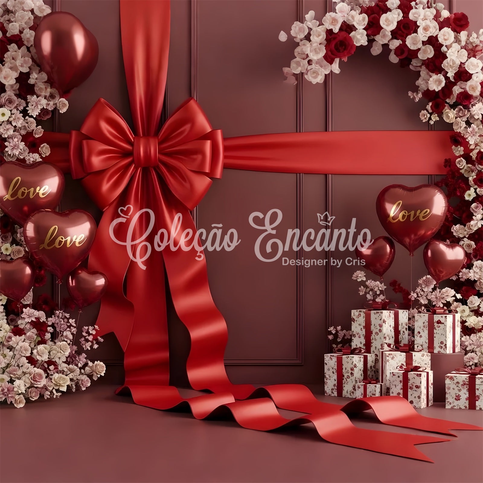 Valentines Backdrop Crimson Ribbon Roses Gift Valentine Backdrops For Photos By Magali