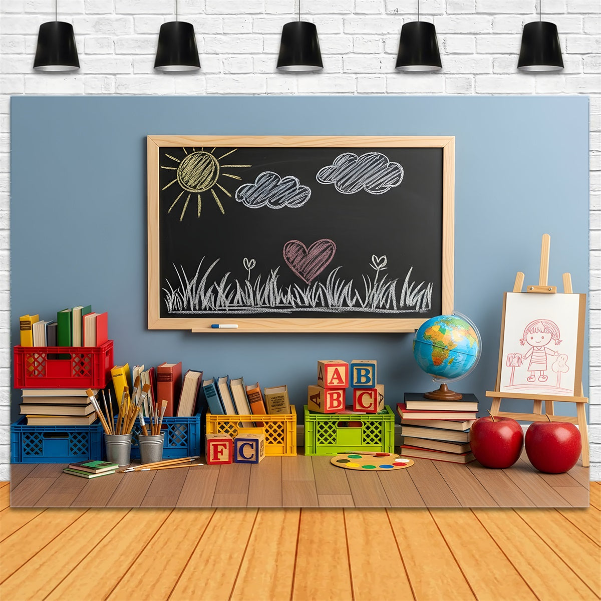 Back To School Backdrops Sunny Chalkboard Drawing School Classroom Backdrop By Magali