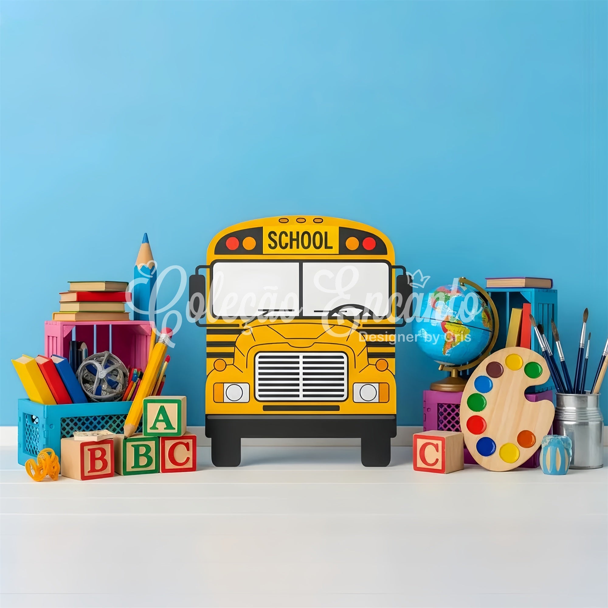 School Bus Backdrop Playful School Supplies Back To School Backdrop By Magali