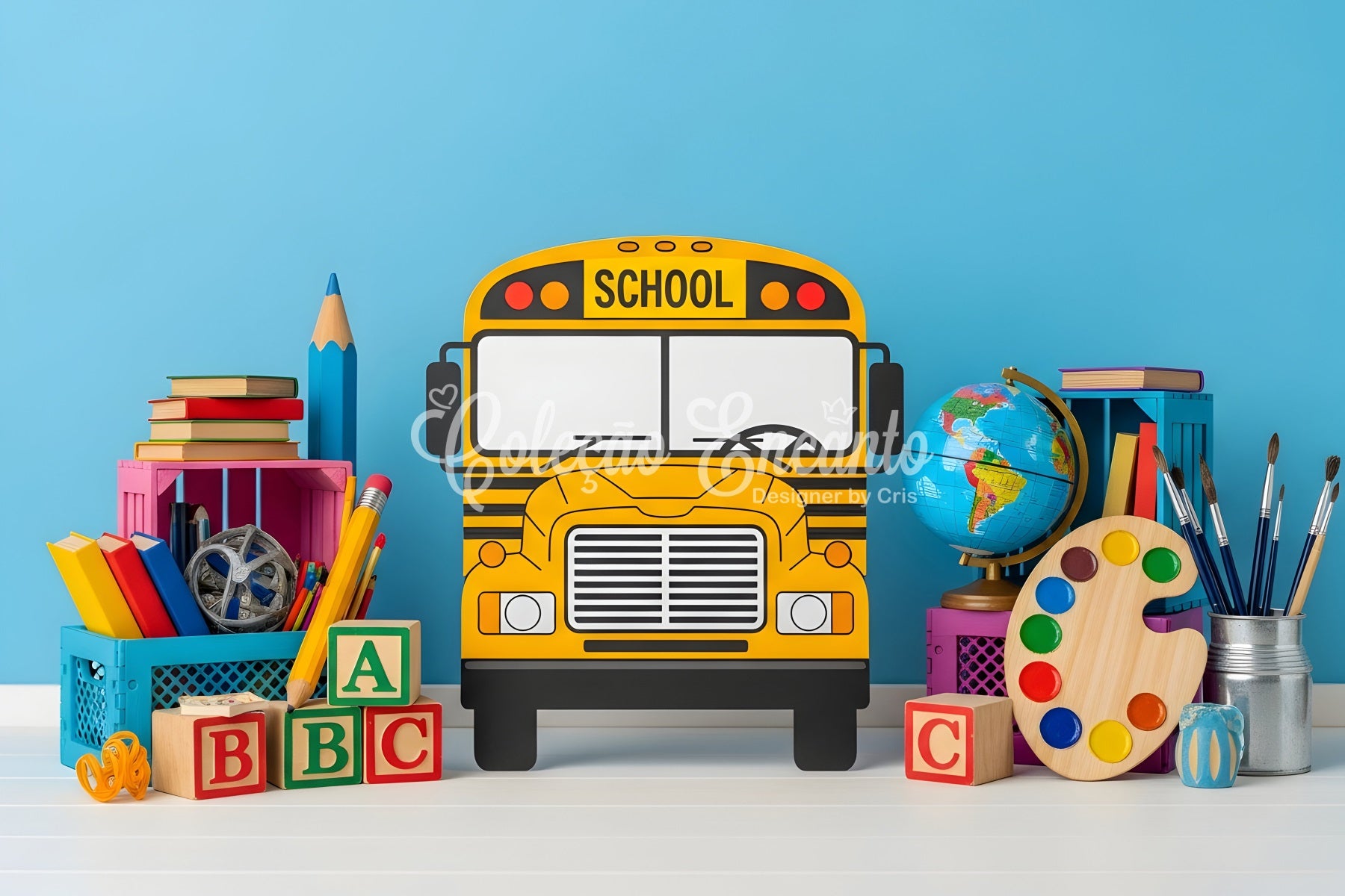School Bus Backdrop Playful School Supplies Back To School Backdrop By Magali