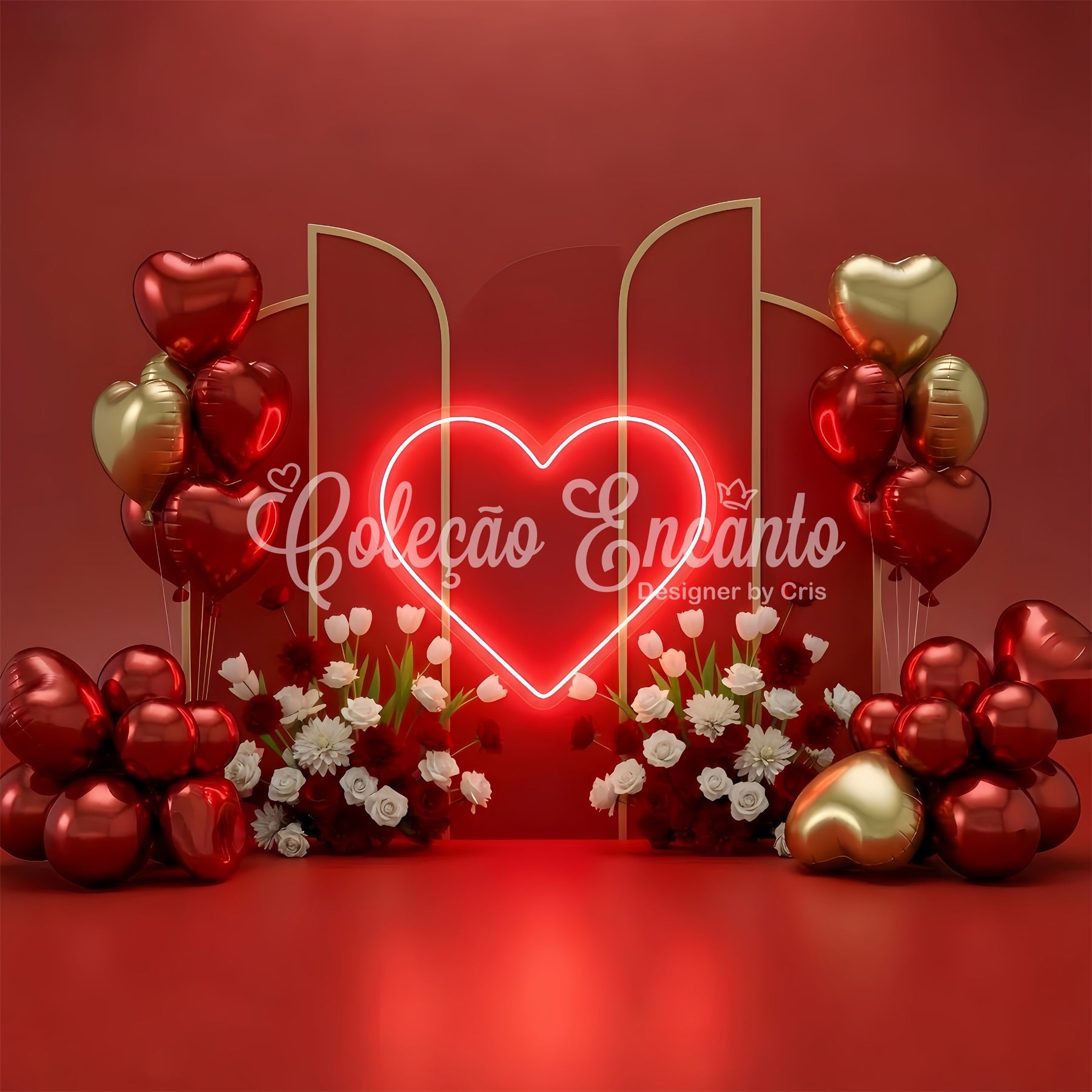 Valentine Backdrops Neon Heart Balloons Floral Red Valentine Backdrop By Magali