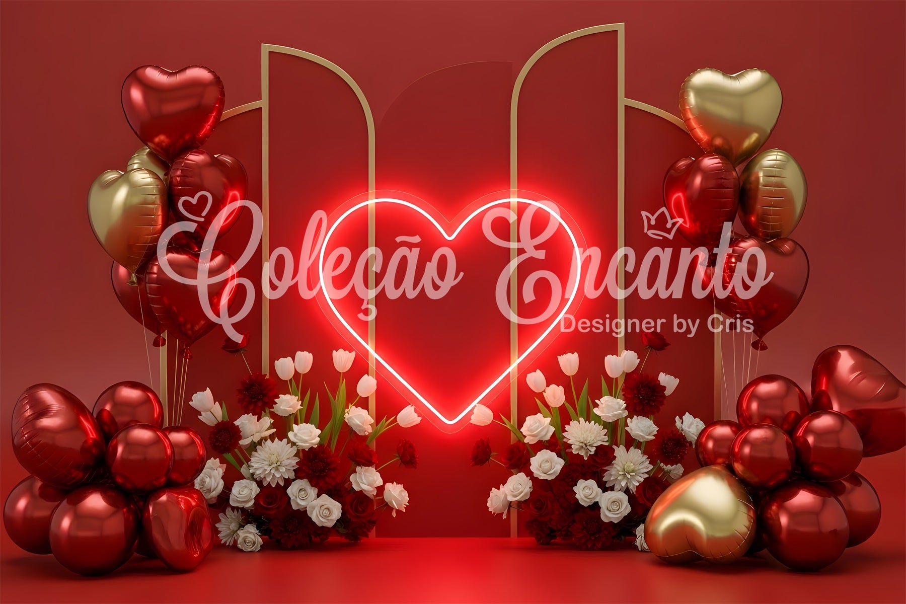 Valentine Backdrops Neon Heart Balloons Floral Red Valentine Backdrop By Magali