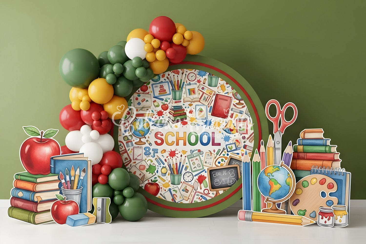 School Backdrop Colorful Tools Circle Preschool Photo Backdrops By Magali