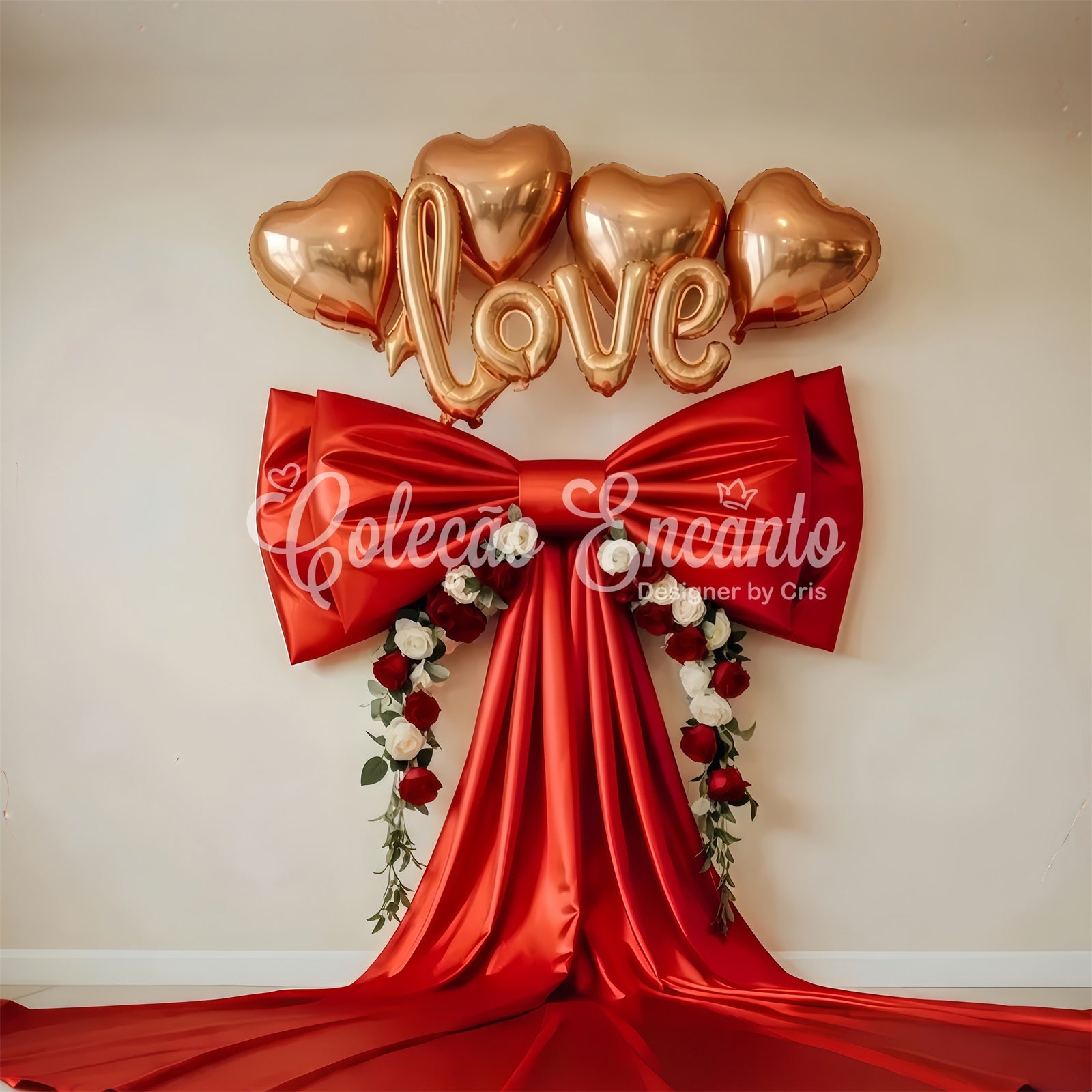 Valentine's Day Backdrops Red Satin Bow Floral Hearts Valentine Backdrop By Magali