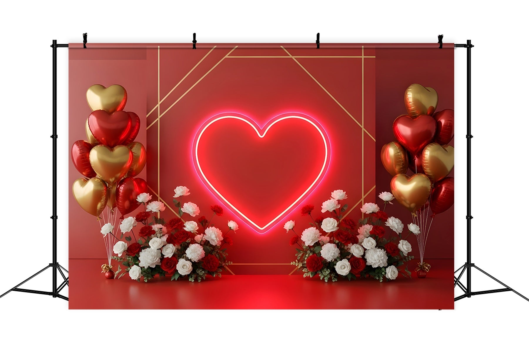 Valentines Backdrops Neon Heart Balloons Floral Valentine's Day Backdrop By Magali