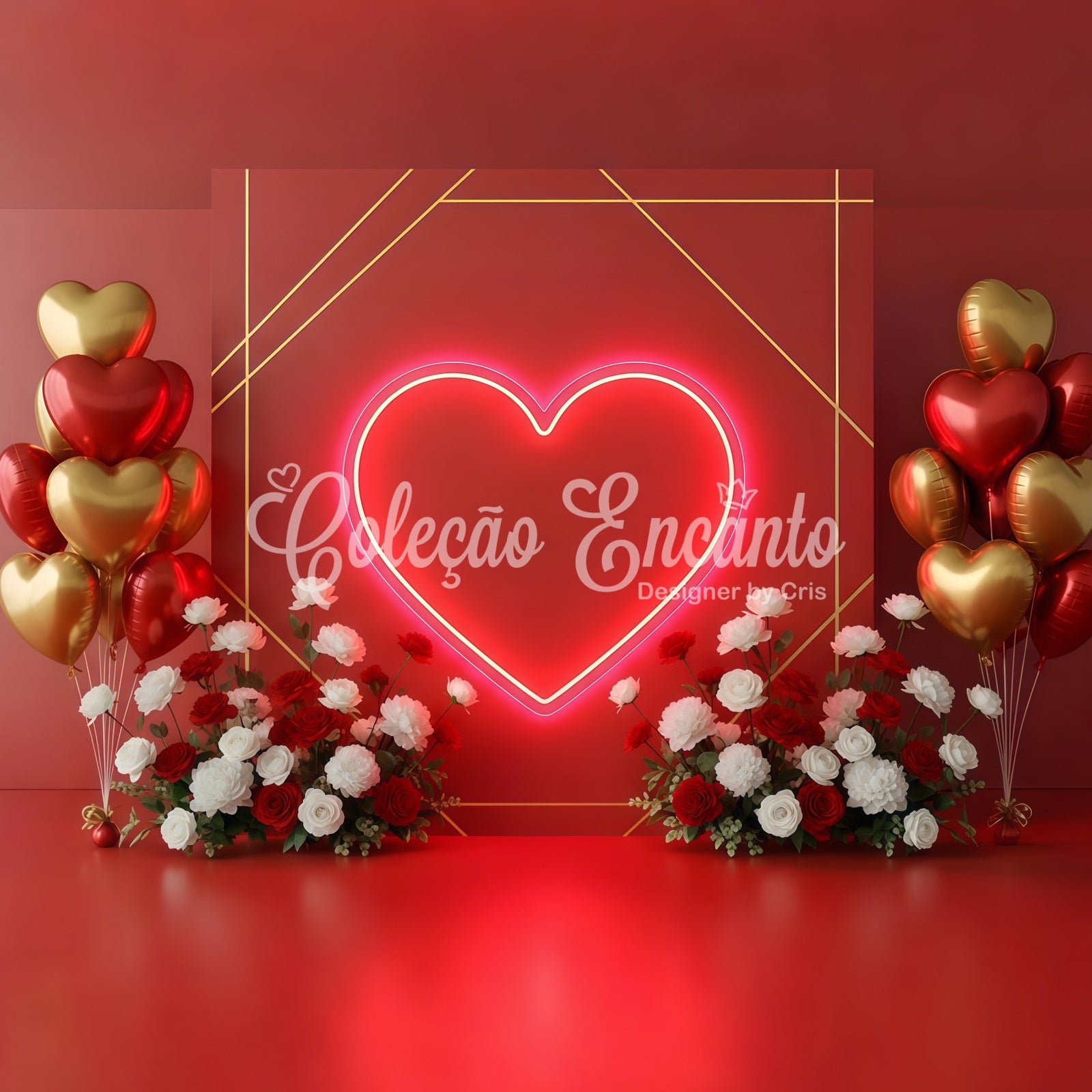 Valentines Backdrops Neon Heart Balloons Floral Valentine's Day Backdrop By Magali