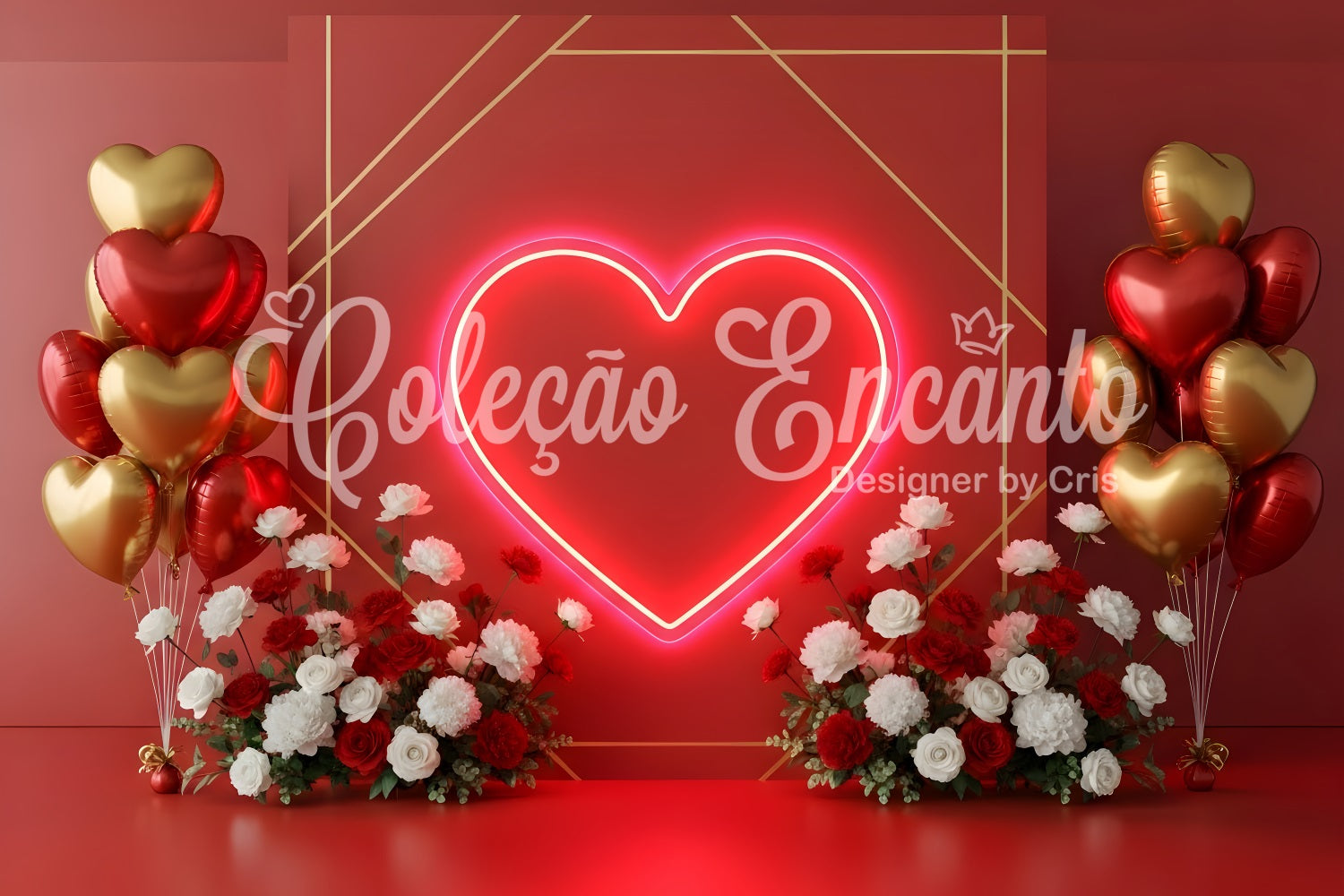 Valentines Backdrops Neon Heart Balloons Floral Valentine's Day Backdrop By Magali