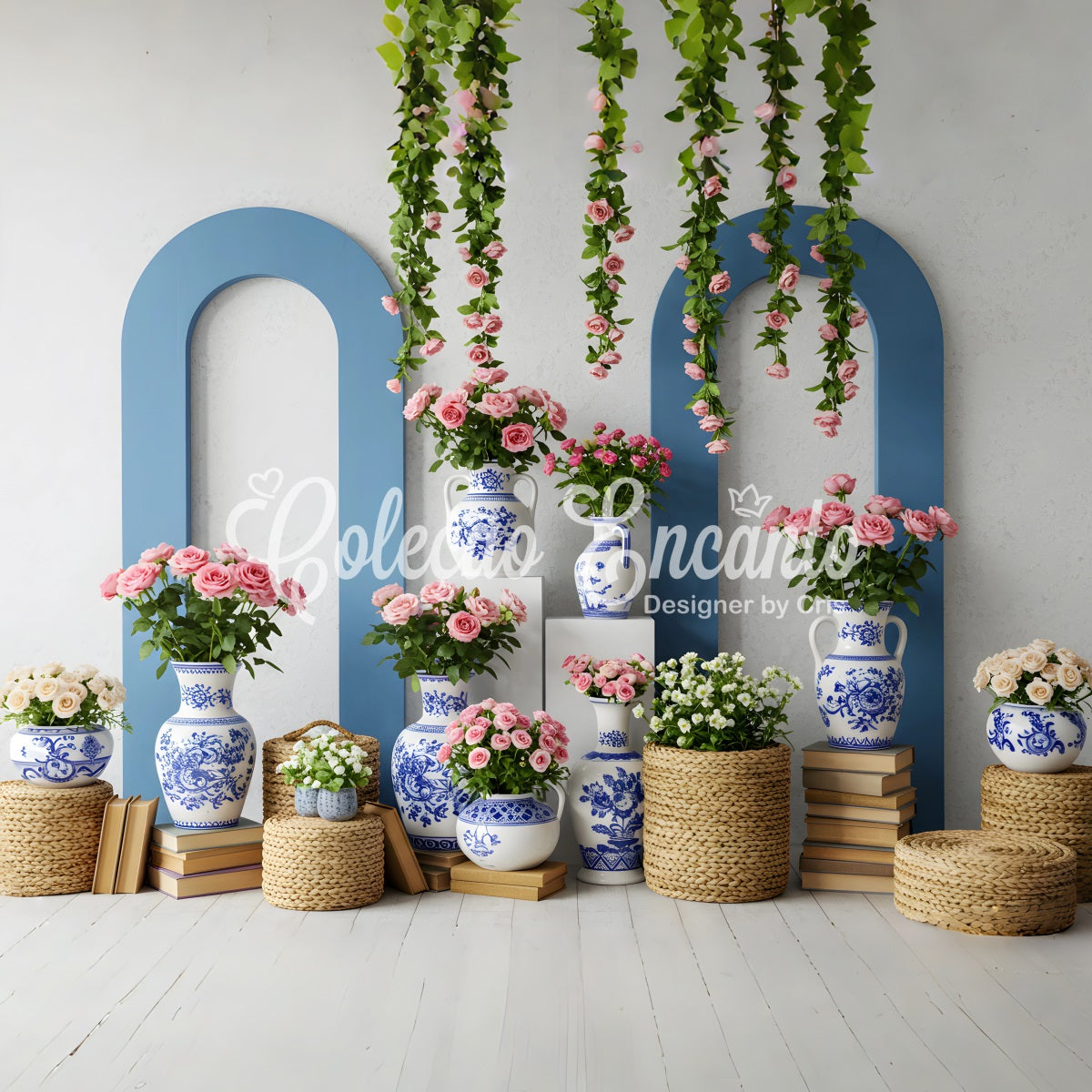 Mother's Day Photoshoot Backdrop Blue White Vase Floral Mother's Day Photo Backdrop By Magali