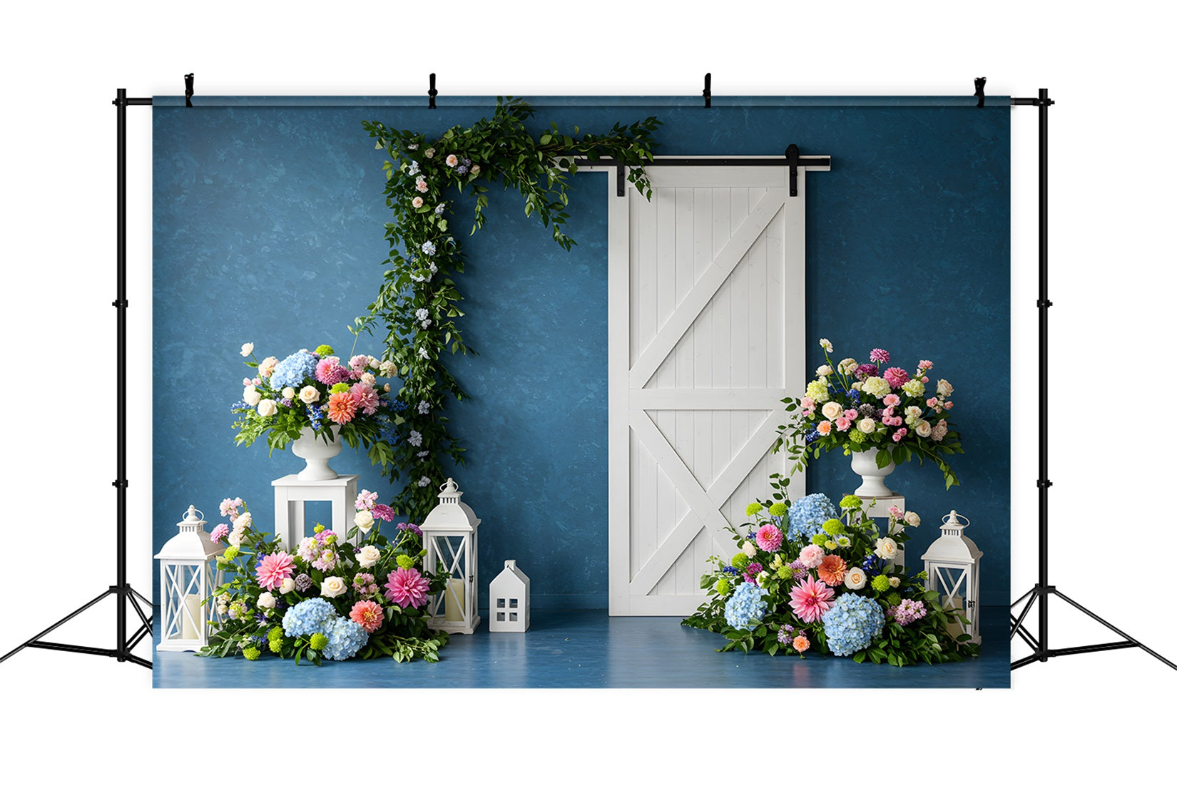 Mother's Day Photo Booth Backdrop Blue Wall White Door Floral Backdrop For Mother's Day By Magali