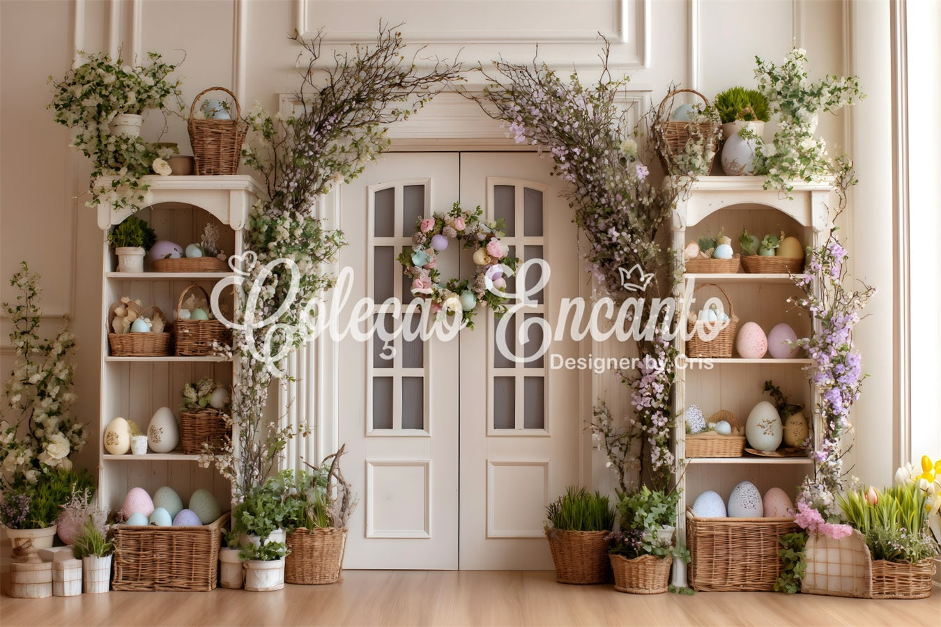 Easter Wreath Doorway Backdrop Egg Flower White Door Easter Photo Backdrops By Magali