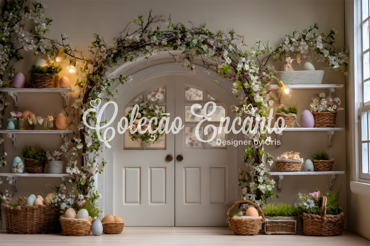 Easter Wreath Doorway Backdrop Egg Floral Shelves Happy Easter Backdrop By Magali