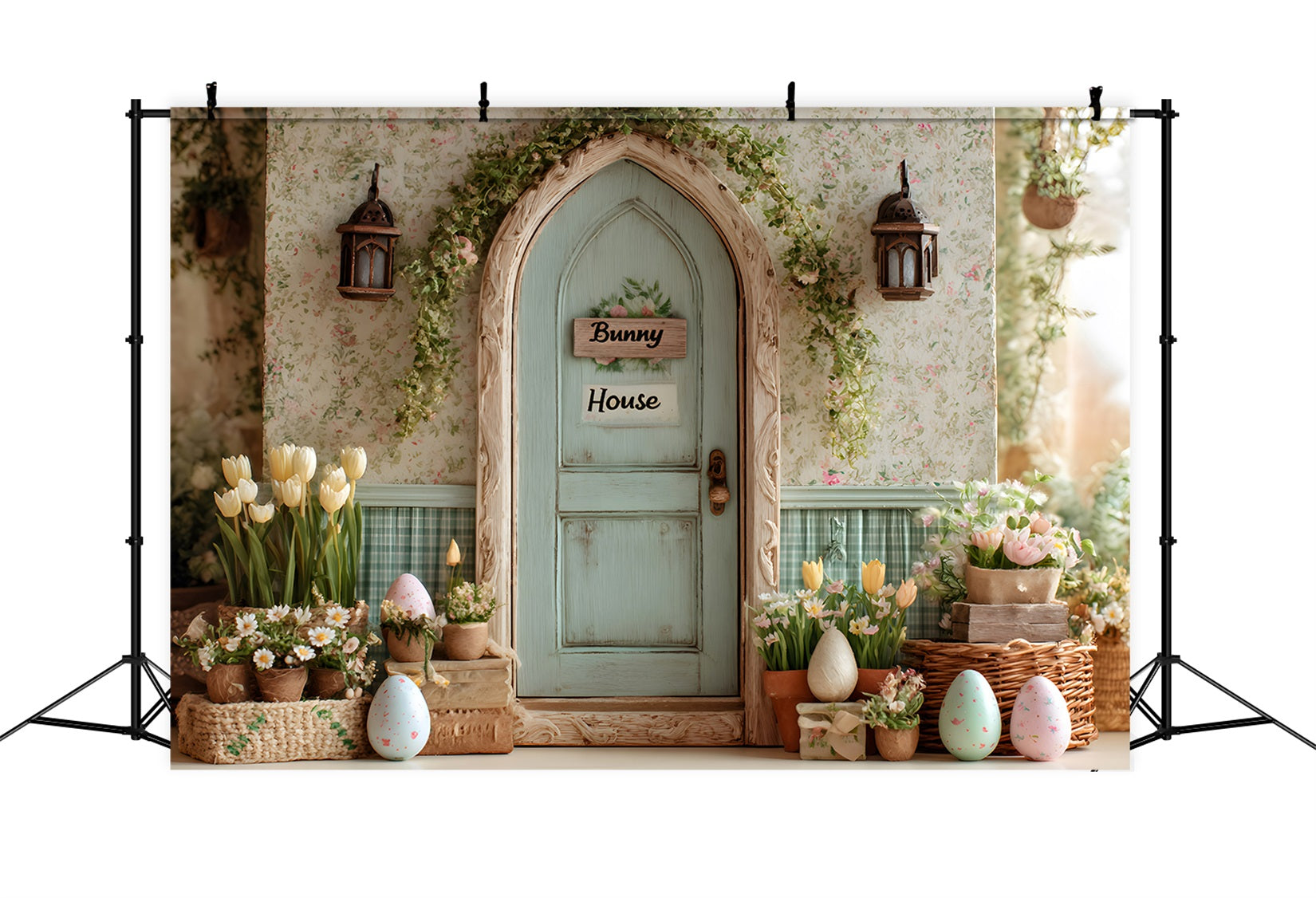 Easter Tulip Backdrop Bunny House Flower Eggs Backdrop For Easter By Magali